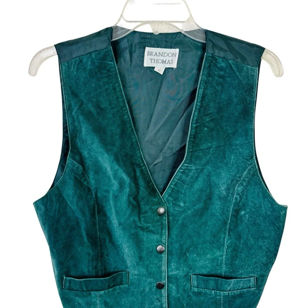 Vintage Brandon Thomas Mens Green‎ Leather Vest M Elastic Back Snap Western